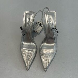 ZARA clear vinil  silver rhinestones Shimmering  Pointed toe Heels 8 /39